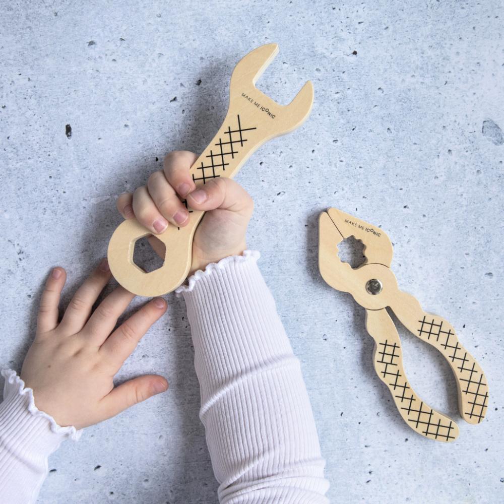 Make Me Iconic wooden Iconic Spanner toy for kids, a high-quality pretend play tool designed for little hands, imaginative builder play and construction role play.