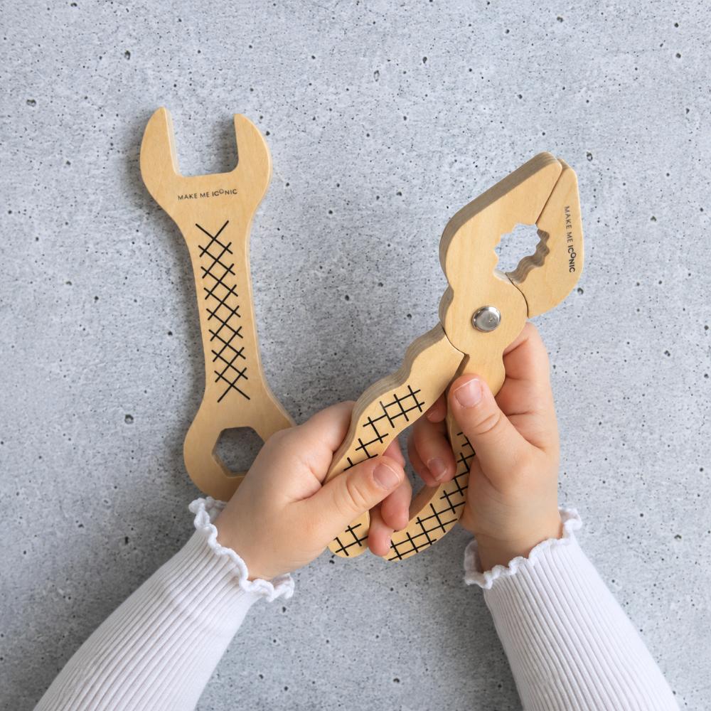 Make Me Iconic wooden Iconic Spanner toy for kids, a high-quality pretend play tool designed for little hands, imaginative builder play and construction role play.