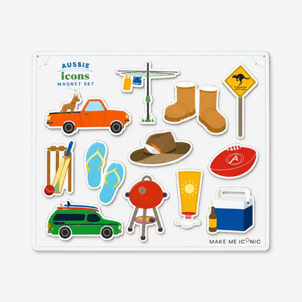 Australian icons fridge magnet set featuring a ute, Hills Hoist, thongs, cricket, BBQ, footy, Akubra-style hat, boots, sunscreen and Esky.