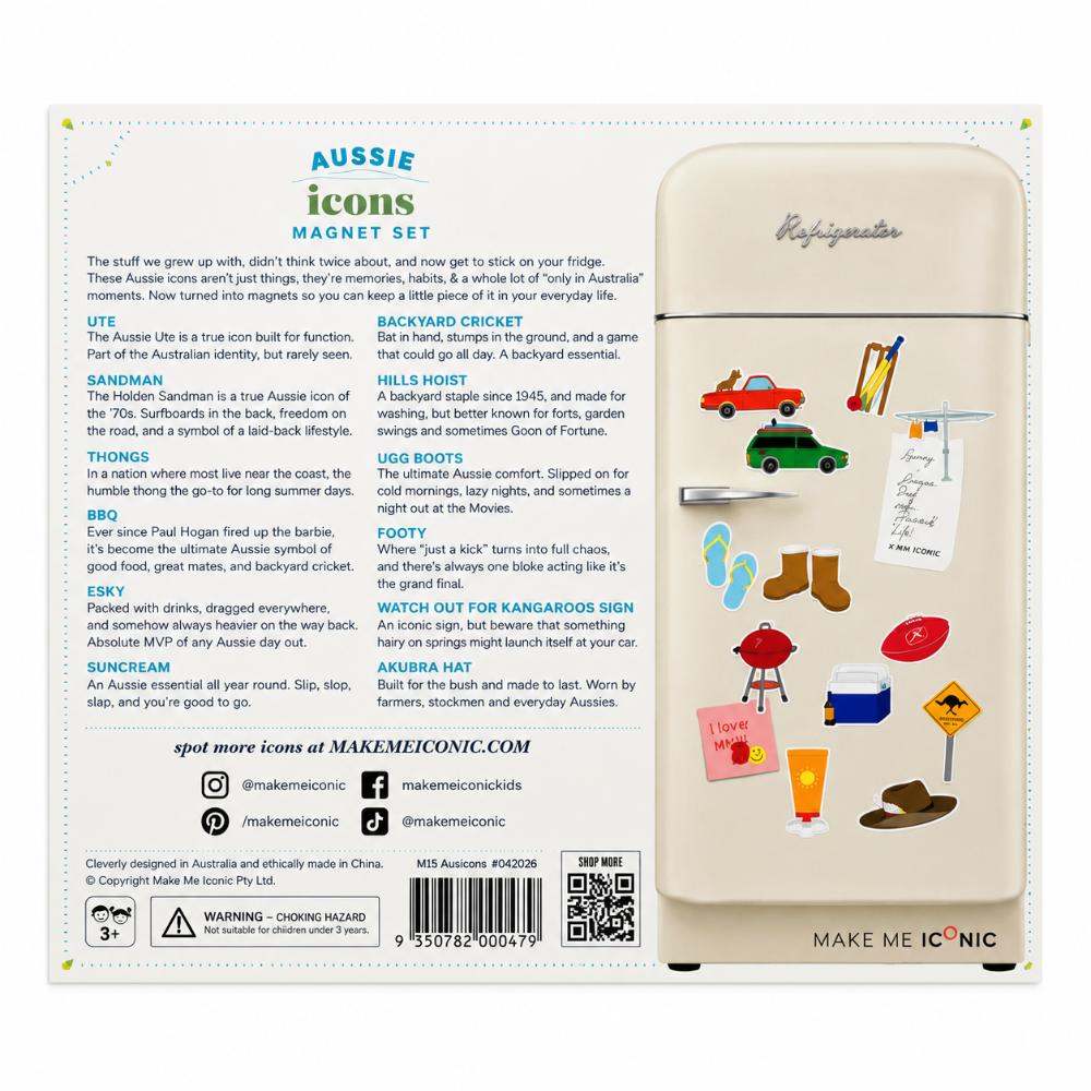 Australian icons fridge magnet set featuring a ute, Hills Hoist, thongs, cricket, BBQ, footy, Akubra-style hat, boots, sunscreen and Esky.