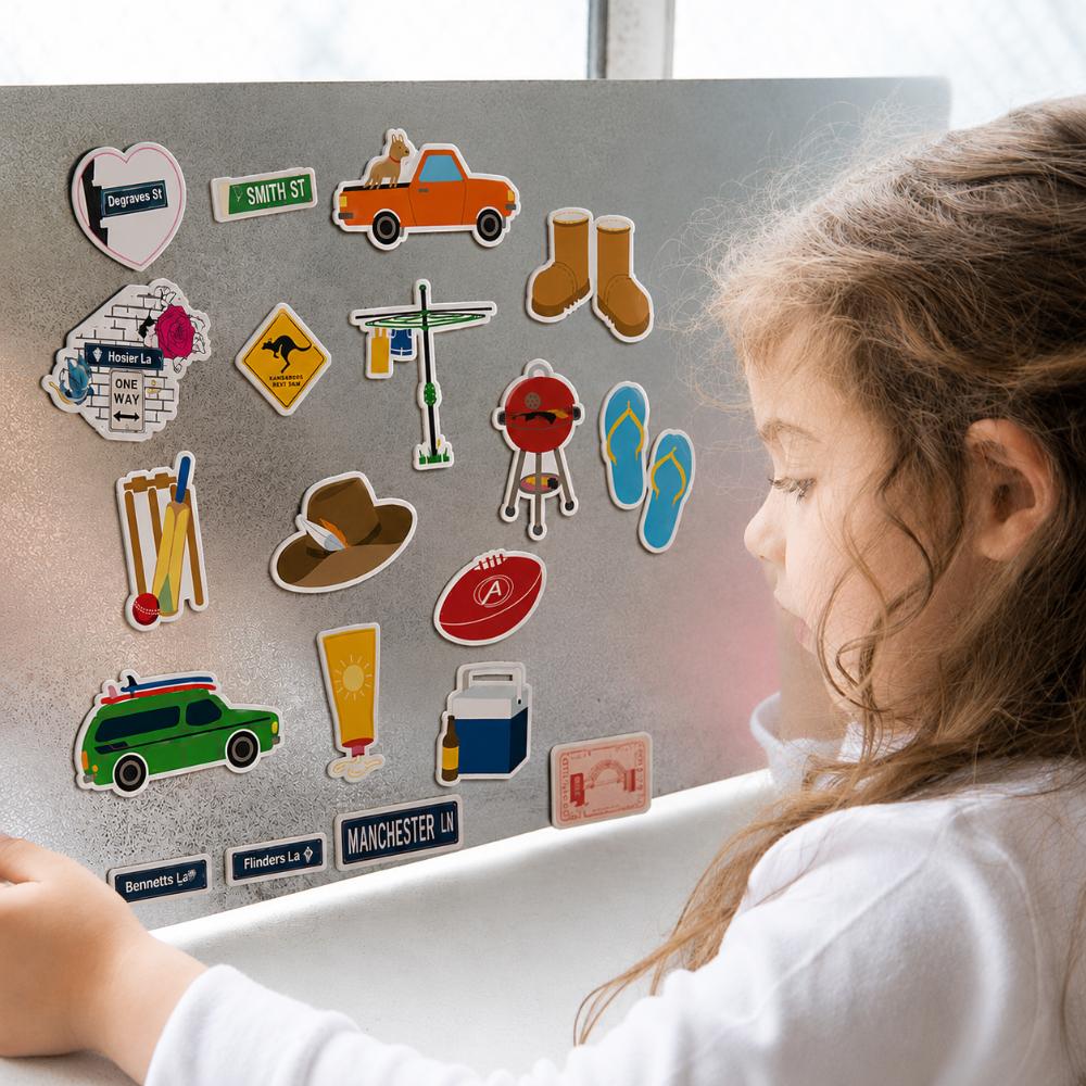 Australian icons fridge magnet set featuring a ute, Hills Hoist, thongs, cricket, BBQ, footy, Akubra-style hat, boots, sunscreen and Esky.