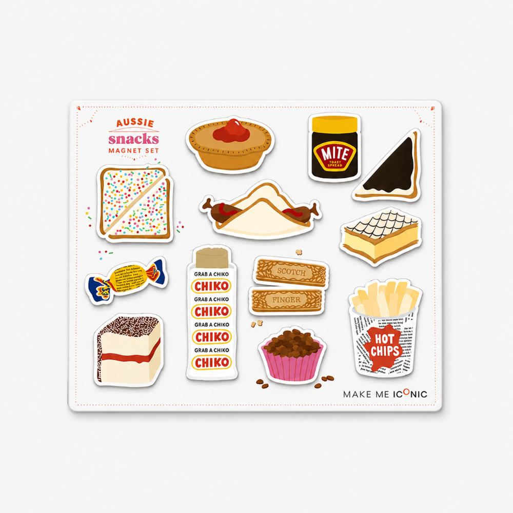 Set of colourful Australian snack magnets featuring iconic nostalgic treats including Fairy Bread, Fantales and classic Aussie favourites.