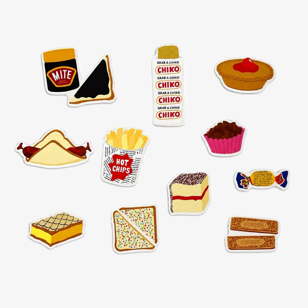 Set of colourful Australian snack magnets featuring iconic nostalgic treats including Fairy Bread, Fantales and classic Aussie favourites.