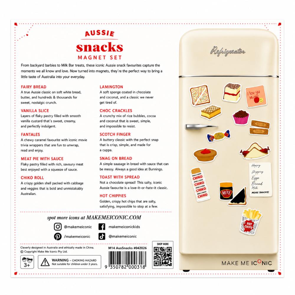 Set of colourful Australian snack magnets featuring iconic nostalgic treats including Fairy Bread, Fantales and classic Aussie favourites.