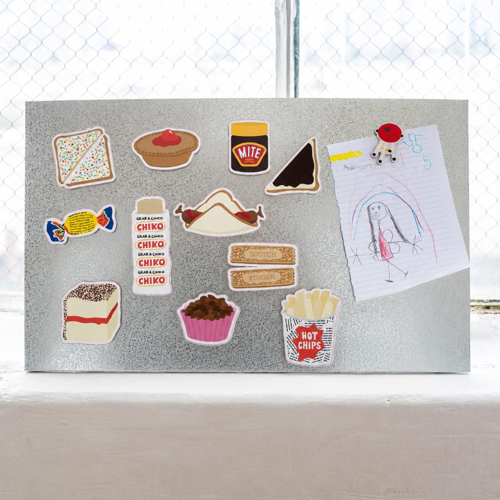 Set of colourful Australian snack magnets featuring iconic nostalgic treats including Fairy Bread, Fantales and classic Aussie favourites.
