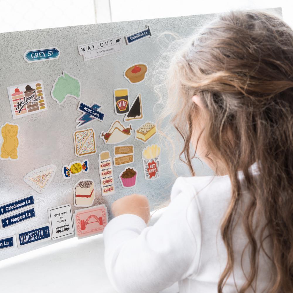 Set of colourful Australian snack magnets featuring iconic nostalgic treats including Fairy Bread, Fantales and classic Aussie favourites.
