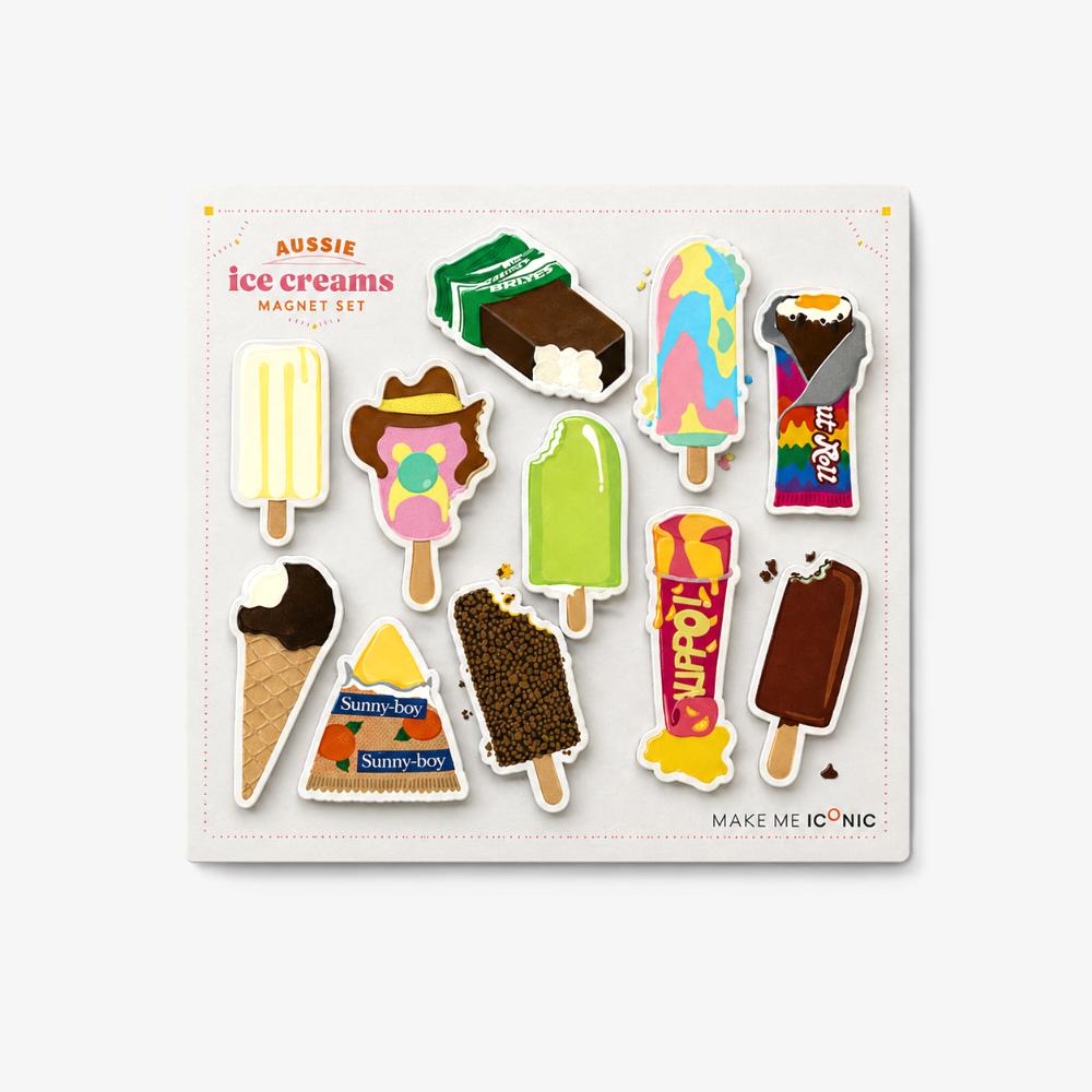 Nostalgic Australian ice cream magnets inspired by classics like Bubble O’ Bill and Golden Gaytime. A playful retro magnet set perfect for holding notes, shopping lists and kids’ artwork on your fridge.