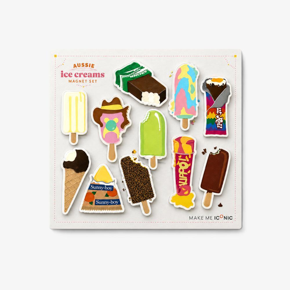 Make Me Iconic Australian Ice Cream Fridge Magnet Set featuring 11 colourful retro magnets inspired by nostalgic Aussie ice cream favourites, including Bubble O’ Bill, Golden Gaytime, Sunnyboy and classic ice blocks. Fun Australian souvenir magnets and unique retro gifts, perfect for decorating your fridge and displaying shopping lists, notes and kids’ artwork.