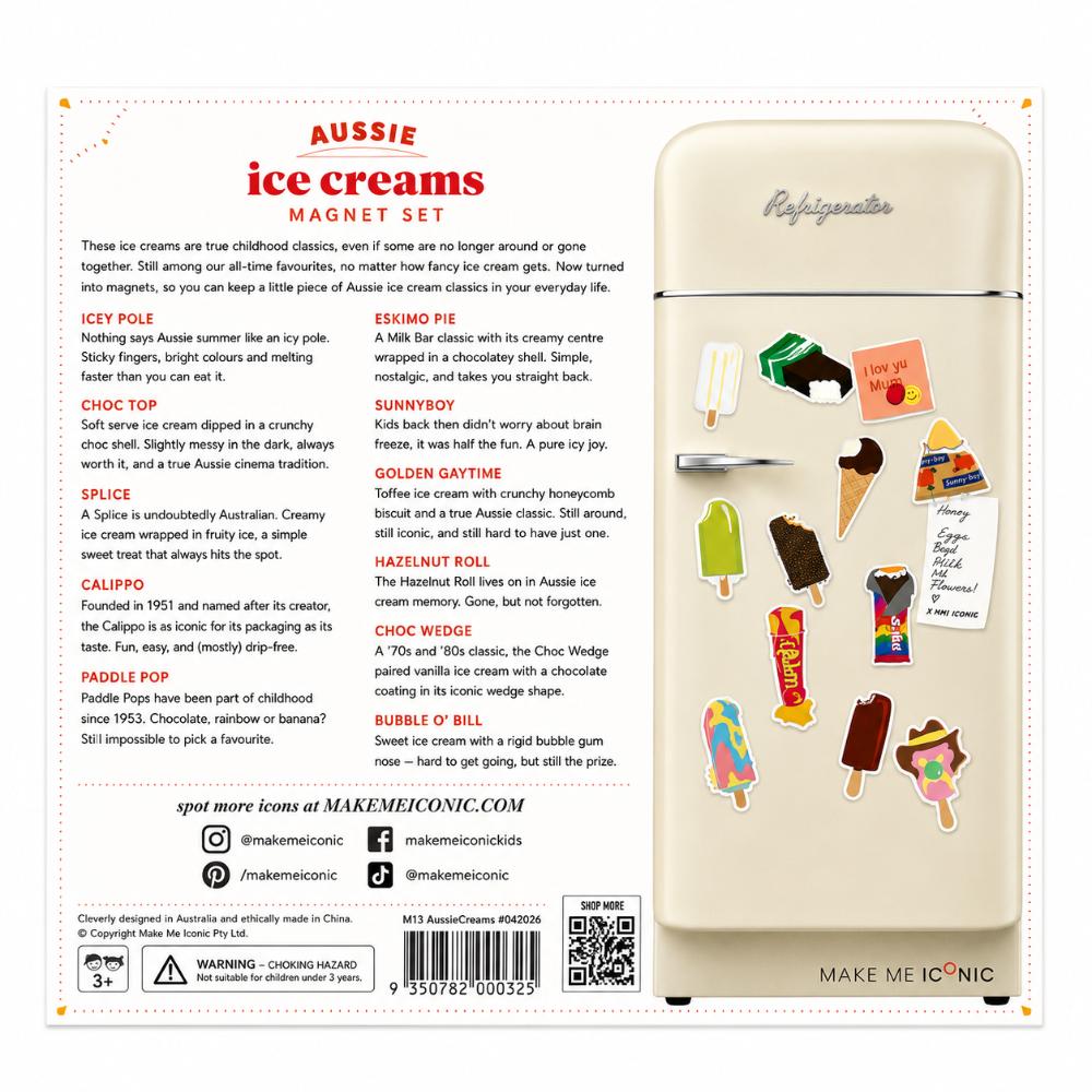 Nostalgic Australian ice cream magnets inspired by classics like Bubble O’ Bill and Golden Gaytime. A playful retro magnet set perfect for holding notes, shopping lists and kids’ artwork on your fridge.