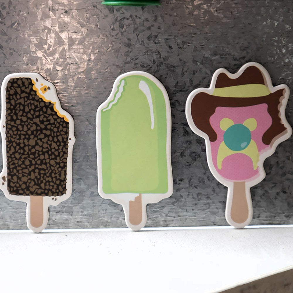Nostalgic Australian ice cream magnets inspired by classics like Bubble O’ Bill and Golden Gaytime. A playful retro magnet set perfect for holding notes, shopping lists and kids’ artwork on your fridge.