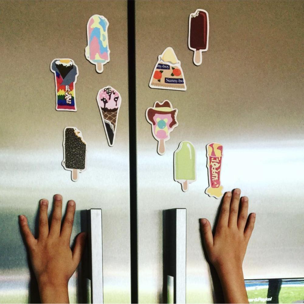Make Me Iconic Australian Ice Cream Fridge Magnet Set featuring 11 colourful retro magnets inspired by nostalgic Aussie ice cream favourites, including Bubble O’ Bill, Golden Gaytime, Sunnyboy and classic ice blocks. Fun Australian souvenir magnets and unique retro gifts, perfect for decorating your fridge and displaying shopping lists, notes and kids’ artwork.