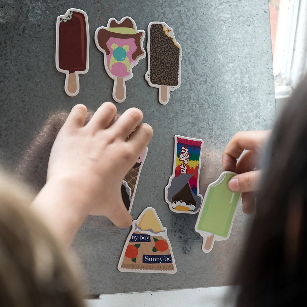 Nostalgic Australian ice cream magnets inspired by classics like Bubble O’ Bill and Golden Gaytime. A playful retro magnet set perfect for holding notes, shopping lists and kids’ artwork on your fridge.
