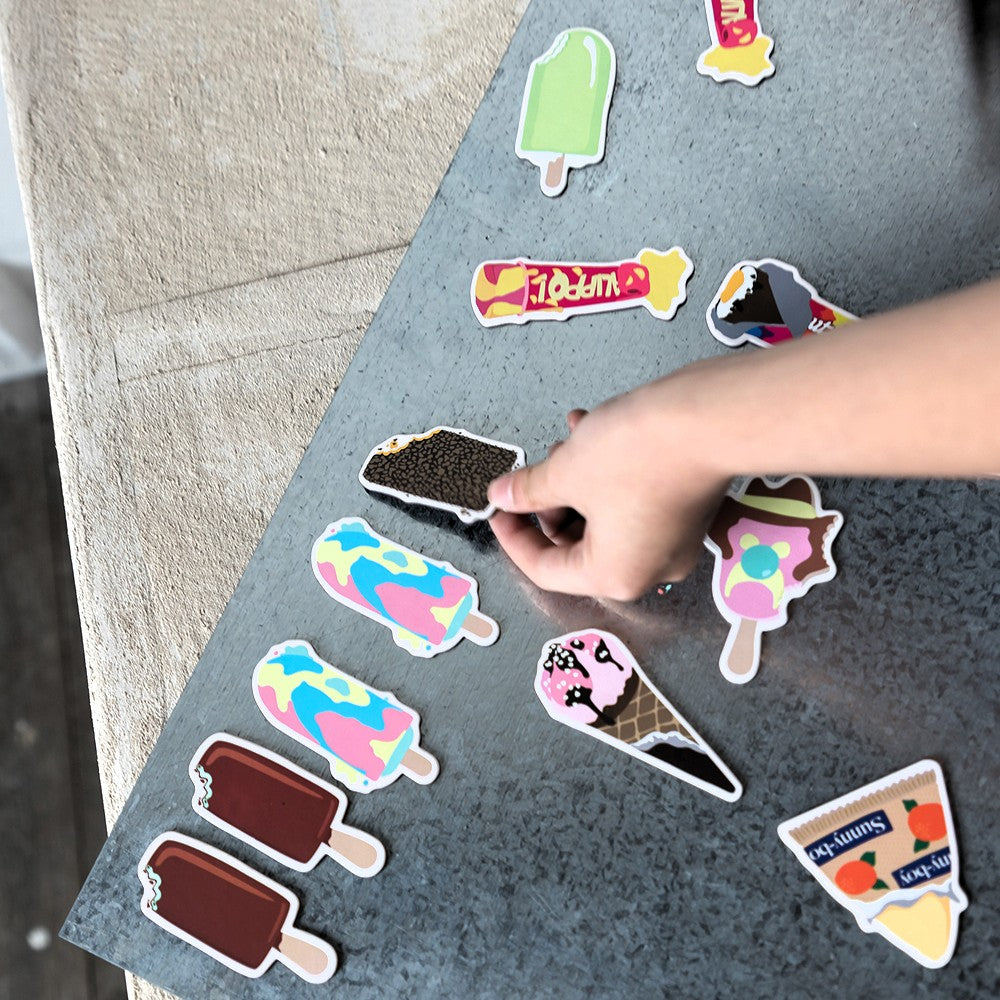 Nostalgic Australian ice cream magnets inspired by classics like Bubble O’ Bill and Golden Gaytime. A playful retro magnet set perfect for holding notes, shopping lists and kids’ artwork on your fridge.