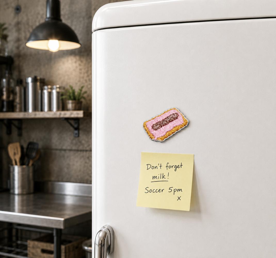 Arnotts Iced VoVo biscuit fridge magnet inspired by the iconic Australian pink fondant, jam and coconut biscuit, a nostalgic Aussie gift by Make Me Iconic.