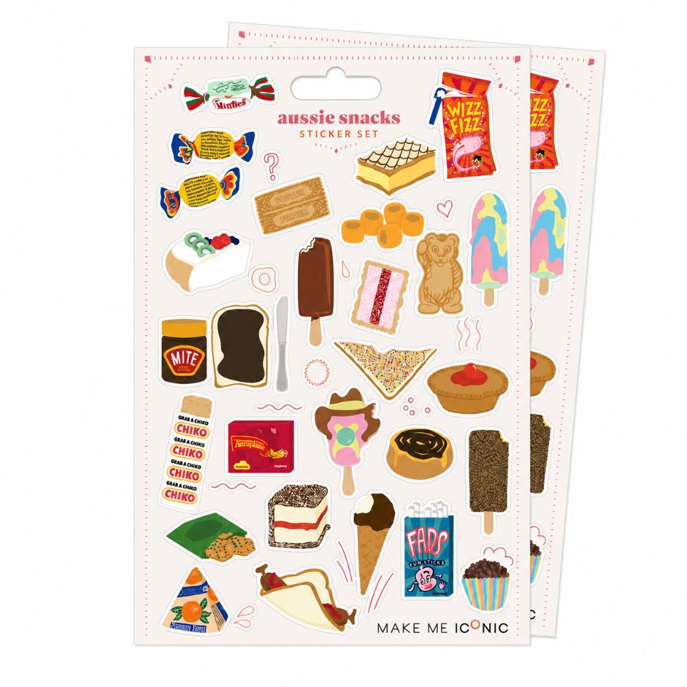 Two-sheet Aussie Snacks Sticker Set featuring colourful die-cut stickers of iconic Australian snacks and sweet treats including Vegemite on toast, fairy bread, lamington, vanilla slice, Bubble O' Bill, Sunnyboy, Wizz Fizz, Fantales, Minties, Chiko Roll, Aeroplane Jelly, FADS, Paddle Pop, Freddo Frog, BBQ Shapes, Zooper Dooper, ice cream, cupcakes and other nostalgic Australian favourites.
