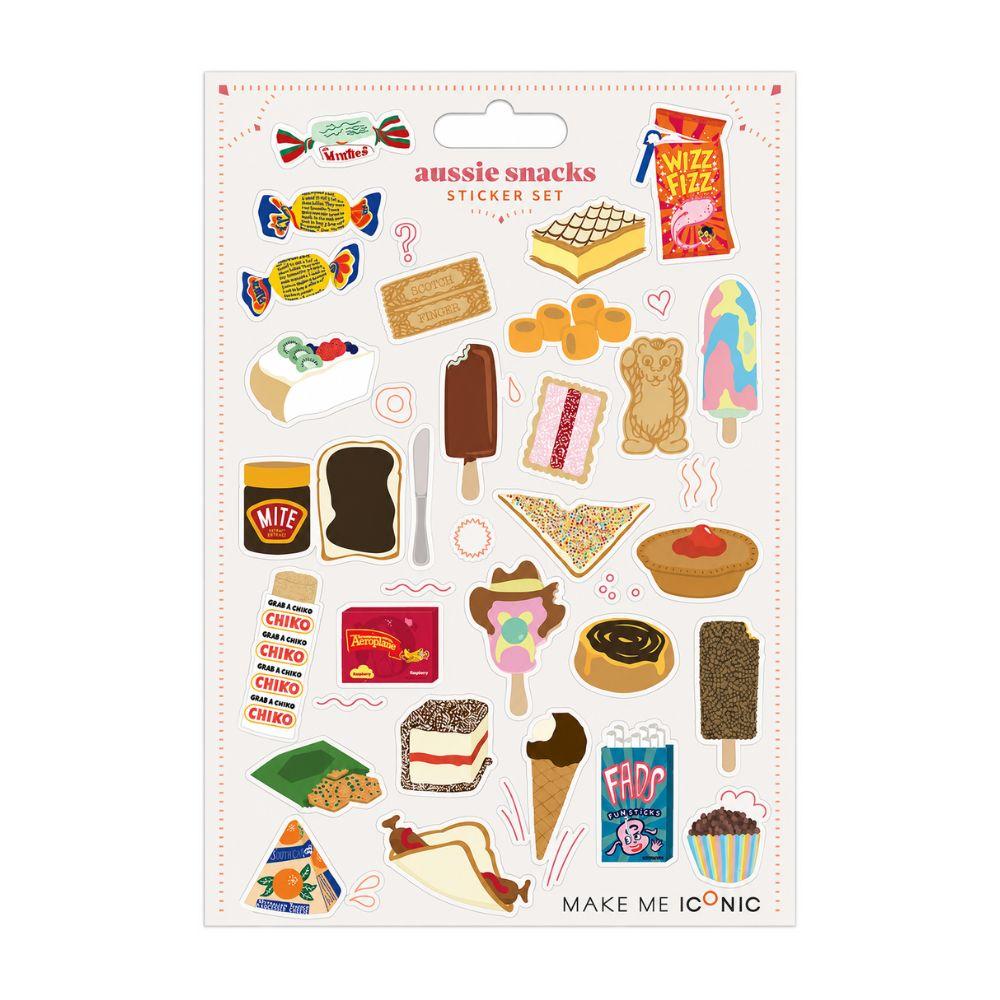 Two-sheet Aussie Snacks Sticker Set featuring colourful die-cut stickers of iconic Australian snacks and sweet treats including Vegemite on toast, fairy bread, lamington, vanilla slice, Bubble O' Bill, Sunnyboy, Wizz Fizz, Fantales, Minties, Chiko Roll, Aeroplane Jelly, FADS, Paddle Pop, Freddo Frog, BBQ Shapes, Zooper Dooper, ice cream, cupcakes and other nostalgic Australian favourites.