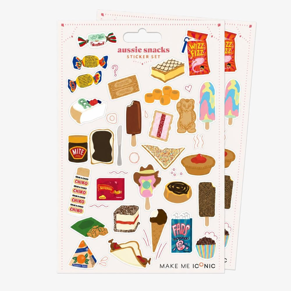 Two-sheet Aussie Snacks Sticker Set featuring colourful die-cut stickers of iconic Australian snacks and sweet treats including Vegemite on toast, fairy bread, lamington, vanilla slice, Bubble O' Bill, Sunnyboy, Wizz Fizz, Fantales, Minties, Chiko Roll, Aeroplane Jelly, FADS, Paddle Pop, Freddo Frog, BBQ Shapes, Zooper Dooper, ice cream, cupcakes and other nostalgic Australian favourites.