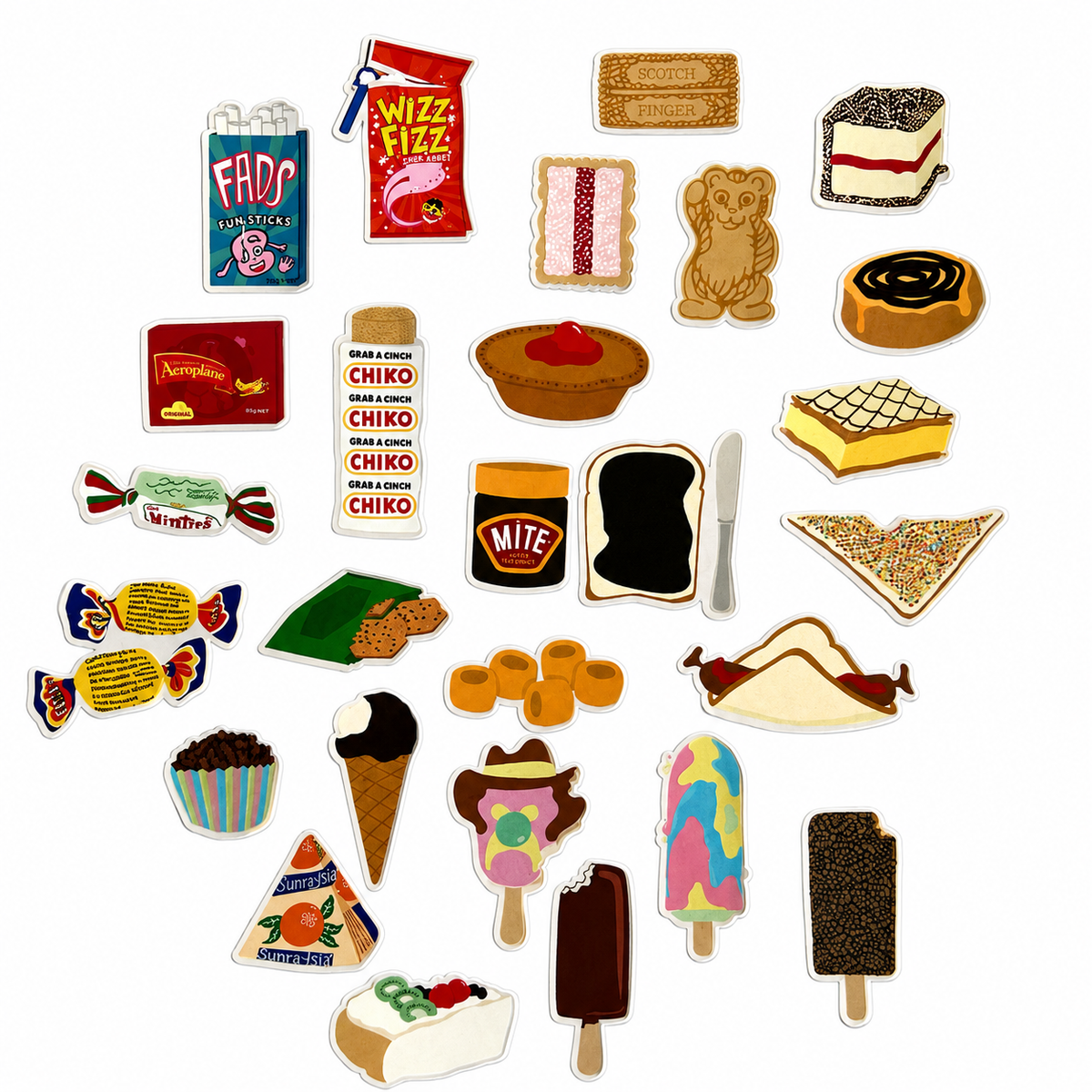 Two-sheet Aussie Snacks Sticker Set featuring colourful die-cut stickers of iconic Australian snacks and sweet treats including Vegemite on toast, fairy bread, lamington, vanilla slice, Bubble O' Bill, Sunnyboy, Wizz Fizz, Fantales, Minties, Chiko Roll, Aeroplane Jelly, FADS, Paddle Pop, Freddo Frog, BBQ Shapes, Zooper Dooper, ice cream, cupcakes and other nostalgic Australian favourites.
