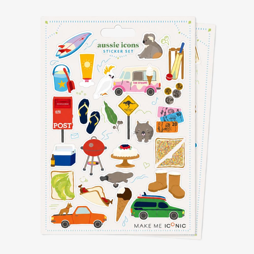 Two-sheet Aussie Icons Sticker Set in clear retail packaging featuring colourful Australian icons including Fairy Bread, kangaroo, koala, ute, BBQ, pavlova, post box, beach gear, ice cream van, cricket, thongs, coins and other nostalgic Australian favourites.