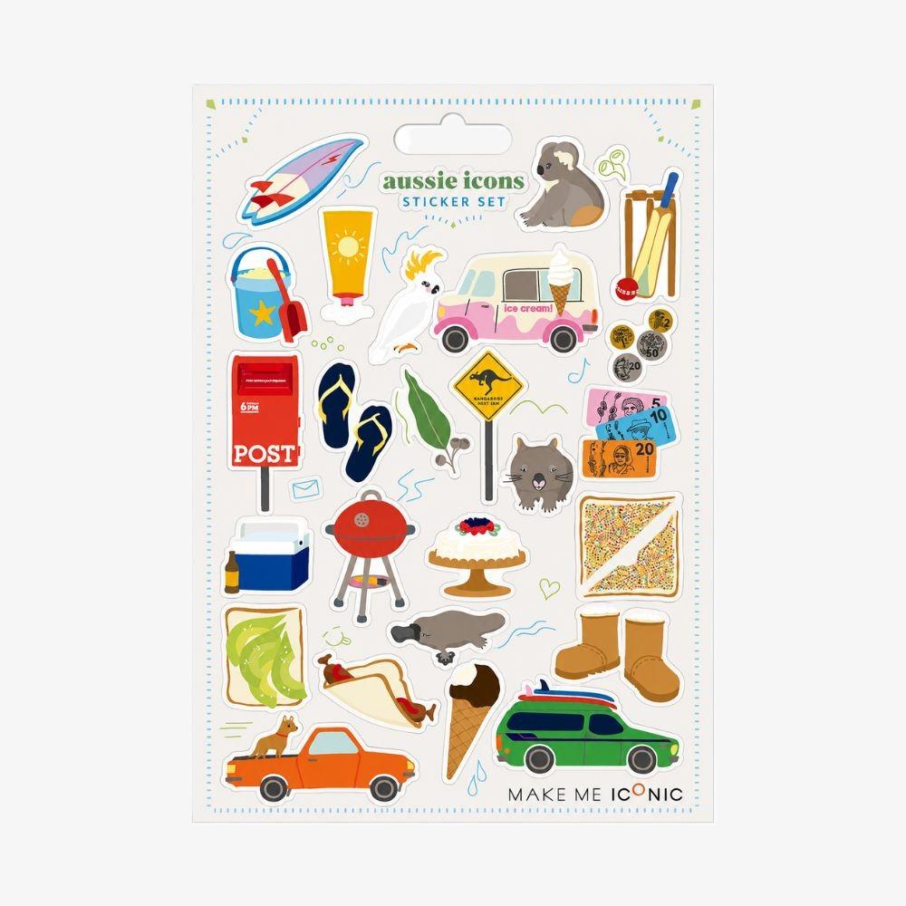 Two-sheet Aussie Icons Sticker Set in clear retail packaging featuring colourful Australian icons including Fairy Bread, kangaroo, koala, ute, BBQ, pavlova, post box, beach gear, ice cream van, cricket, thongs, coins and other nostalgic Australian favourites.