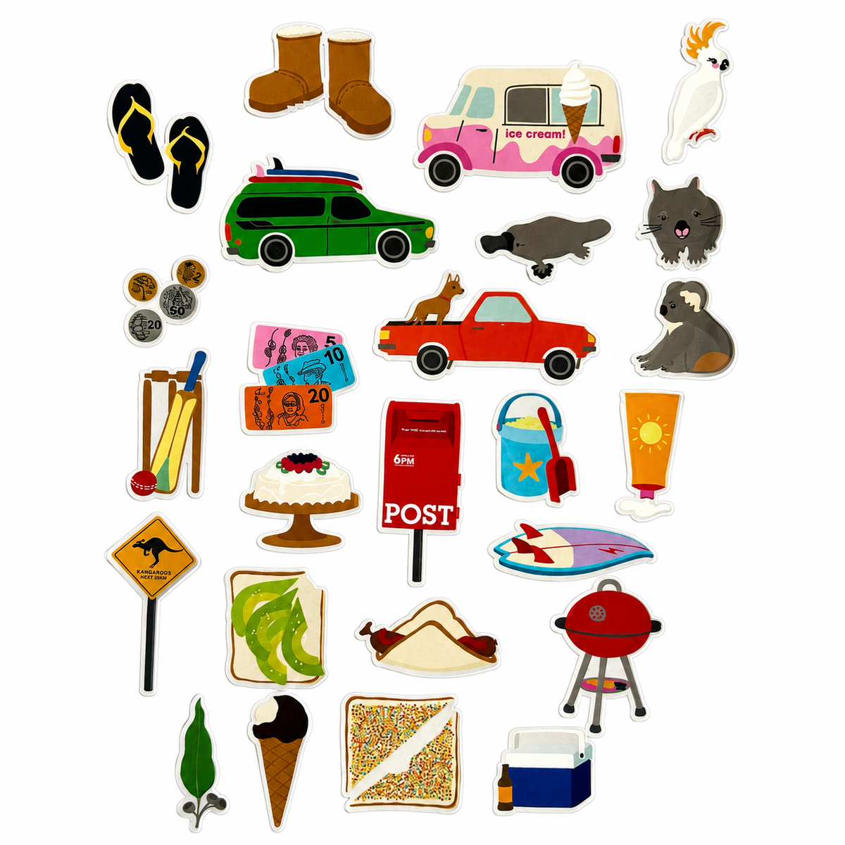 Two-sheet Aussie Icons Sticker Set in clear retail packaging featuring colourful Australian icons including Fairy Bread, kangaroo, koala, ute, BBQ, pavlova, post box, beach gear, ice cream van, cricket, thongs, coins and other nostalgic Australian favourites.