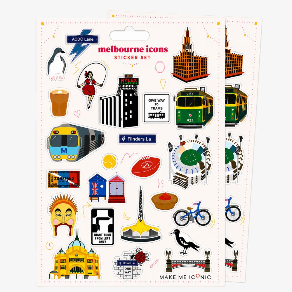 Melbourne Icons Sticker Set featuring two full sheets of colourful die-cut stickers inspired by Melbourne landmarks and culture, including trams, Flinders Street Station, Luna Park, Hook Turn sign, MCG, coffee, beach boxes, Hosier Lane, ACDC Lane and other iconic Melbourne favourites.