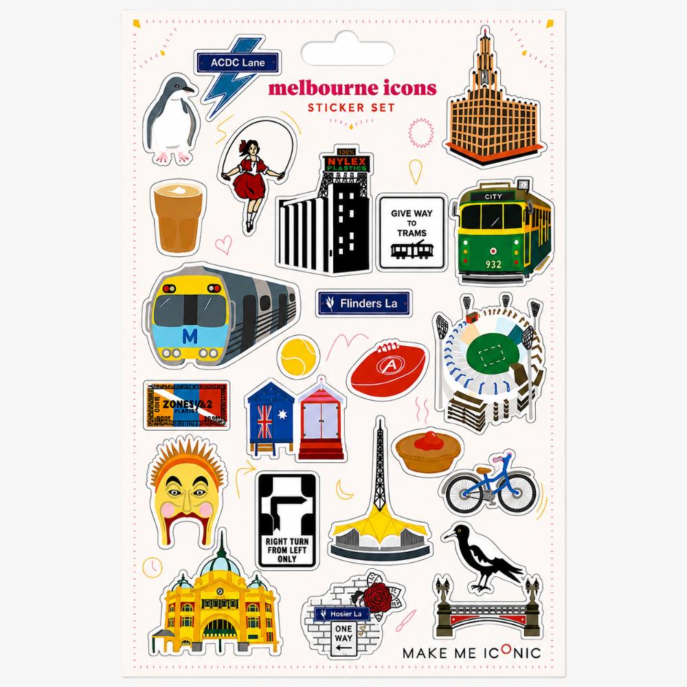 Melbourne Icons Sticker Set featuring two full sheets of colourful die-cut stickers inspired by Melbourne landmarks and culture, including trams, Flinders Street Station, Luna Park, Hook Turn sign, MCG, coffee, beach boxes, Hosier Lane, ACDC Lane and other iconic Melbourne favourites.