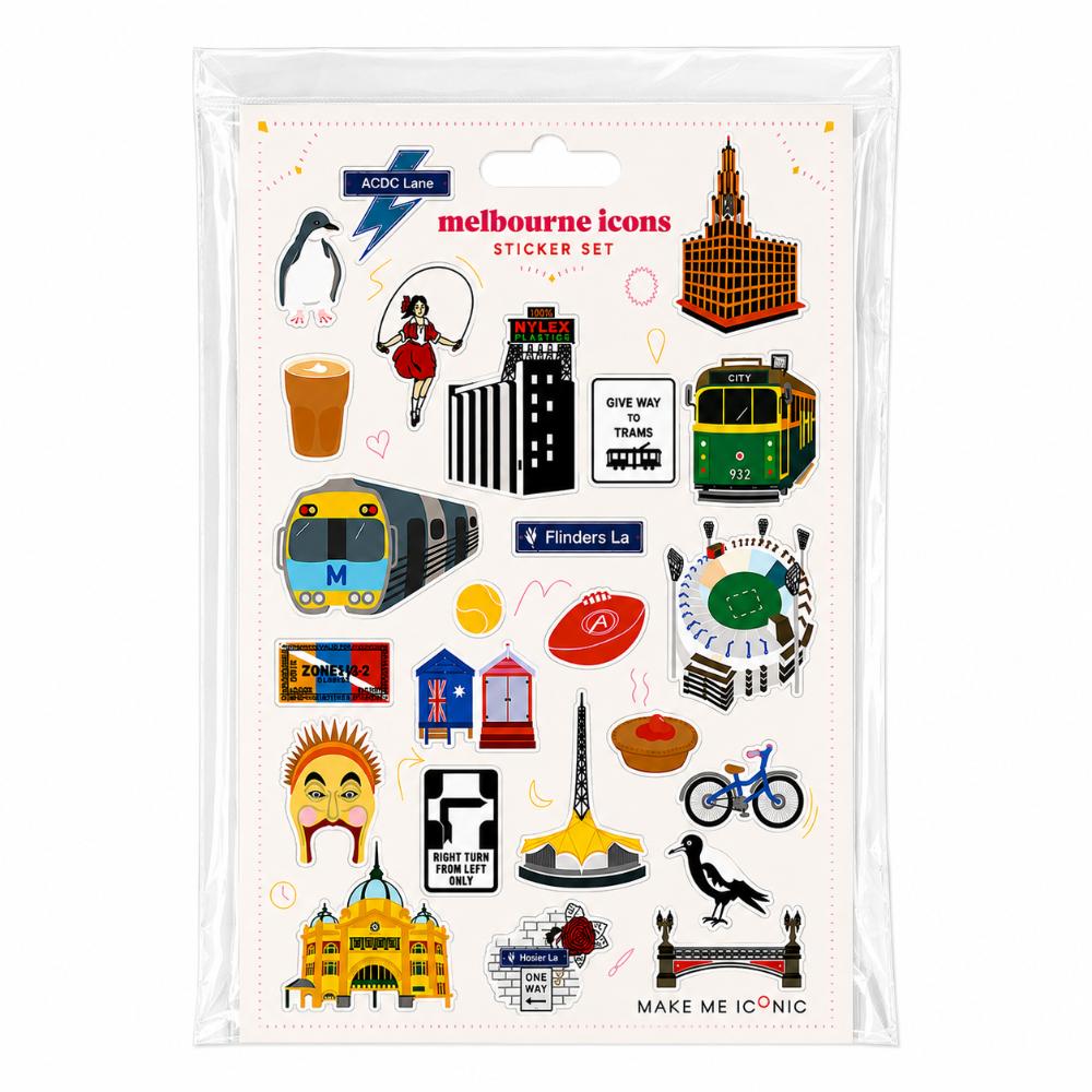 Melbourne Icons Sticker Set featuring two full sheets of colourful die-cut stickers inspired by Melbourne landmarks and culture, including trams, Flinders Street Station, Luna Park, Hook Turn sign, MCG, coffee, beach boxes, Hosier Lane, ACDC Lane and other iconic Melbourne favourites.
