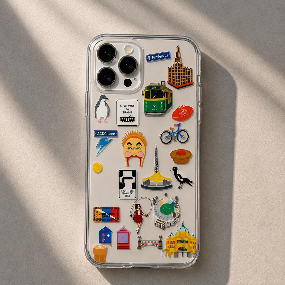 Melbourne Icons Sticker Set featuring two full sheets of colourful die-cut stickers inspired by Melbourne landmarks and culture, including trams, Flinders Street Station, Luna Park, Hook Turn sign, MCG, coffee, beach boxes, Hosier Lane, ACDC Lane and other iconic Melbourne favourites.