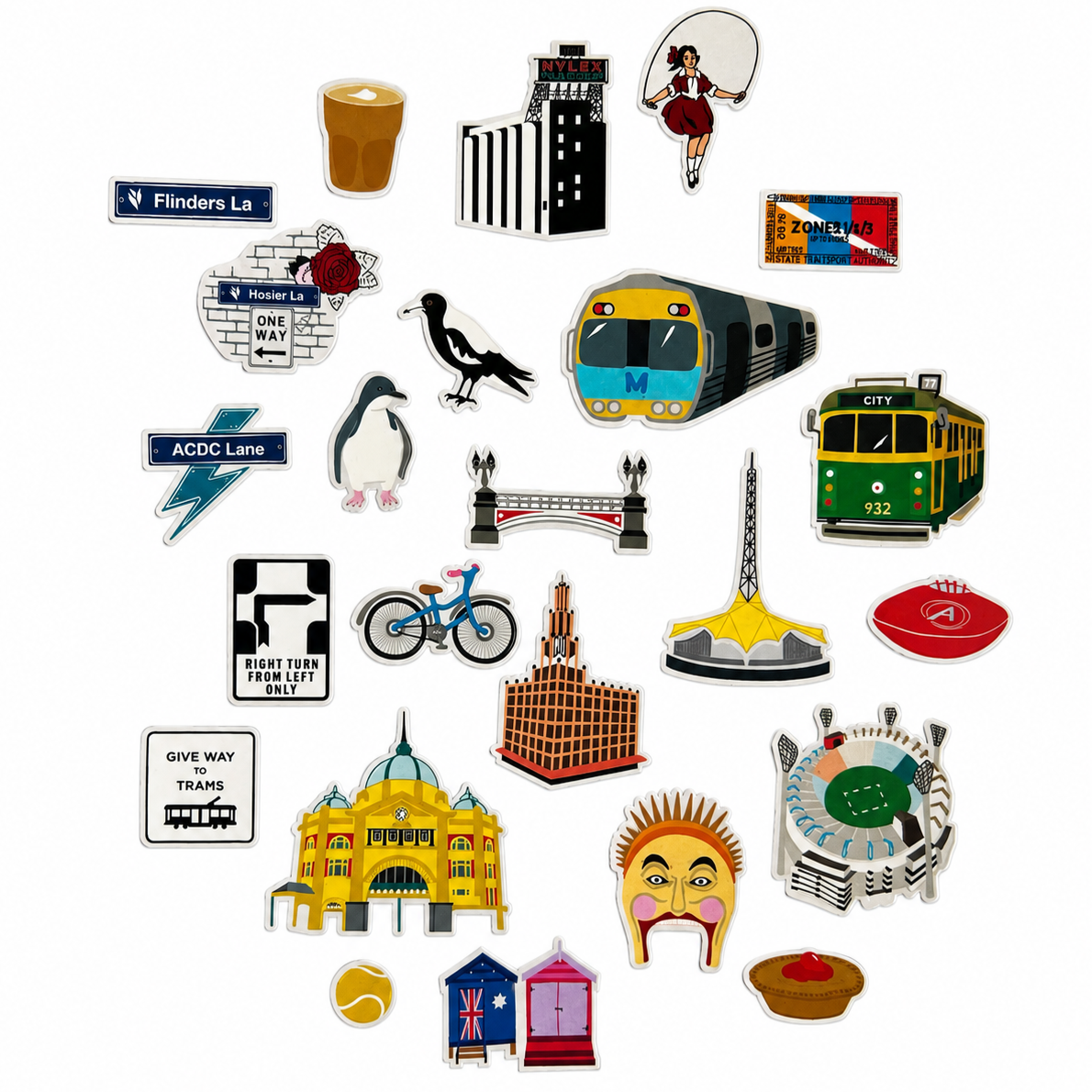 Melbourne Icons Sticker Set featuring two full sheets of colourful die-cut stickers inspired by Melbourne landmarks and culture, including trams, Flinders Street Station, Luna Park, Hook Turn sign, MCG, coffee, beach boxes, Hosier Lane, ACDC Lane and other iconic Melbourne favourites.