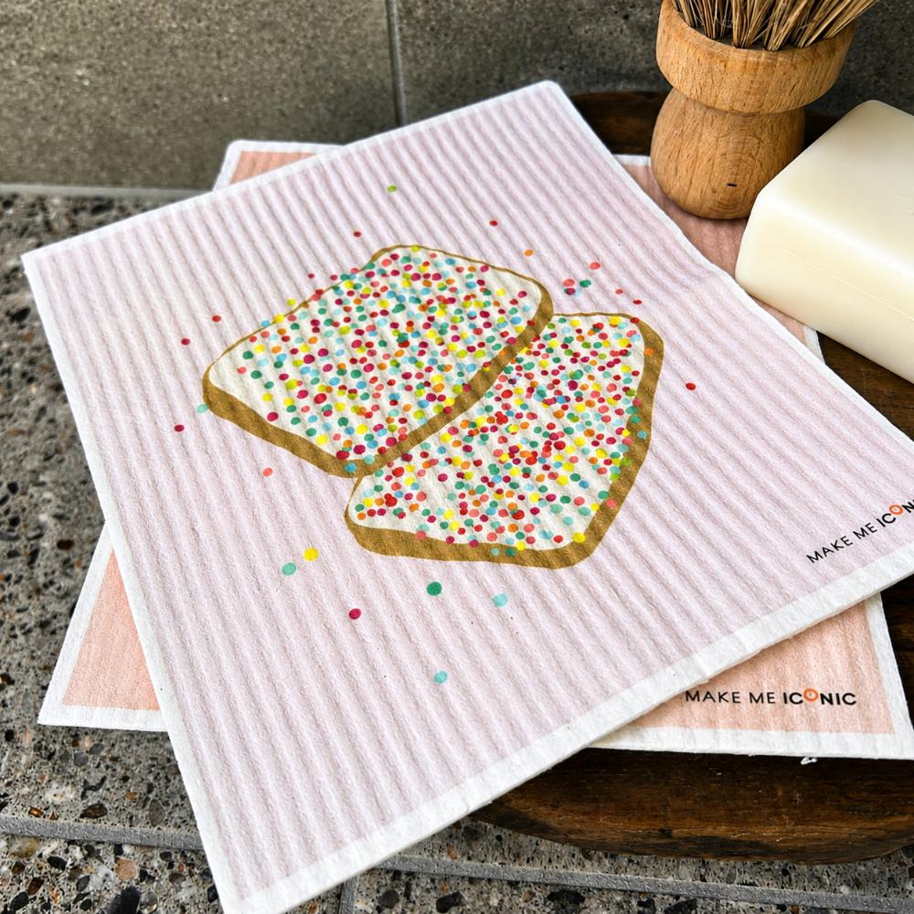kitchen sponge shaped like iconic aussie fairy bread with colourful sprinkles on white background – playful australian kitchen decor sponge, nostalgic aussie gift, cute cleaning accessory, quirky homewares, fun kitchen sponge, australian food inspired design, modern retro style, colourful household sponge, unique australian souvenir