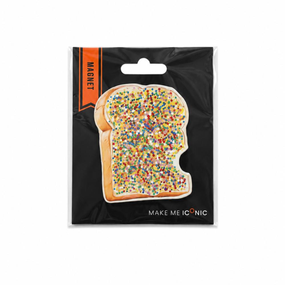 Iconic Fairy Bread Magnet featuring colourful rainbow sprinkles on buttered white bread, inspired by the nostalgic Aussie party favourite. A playful Australian fridge magnet perfect for holding notes, shopping lists and kids’ artwork.