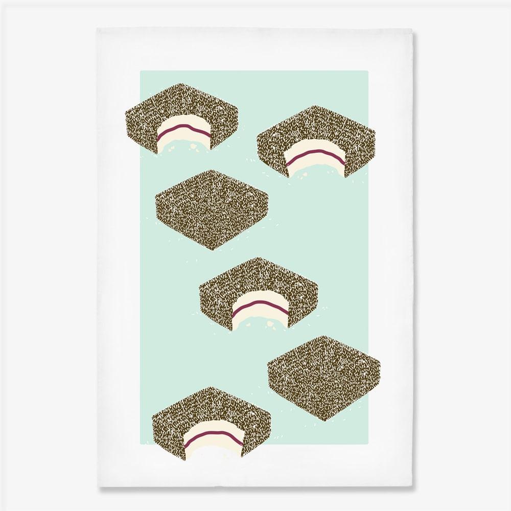 Australian Lamington Tea Towel featuring a bold retro design, 100% cotton kitchen towel celebrating classic Aussie desserts and nostalgic treats.