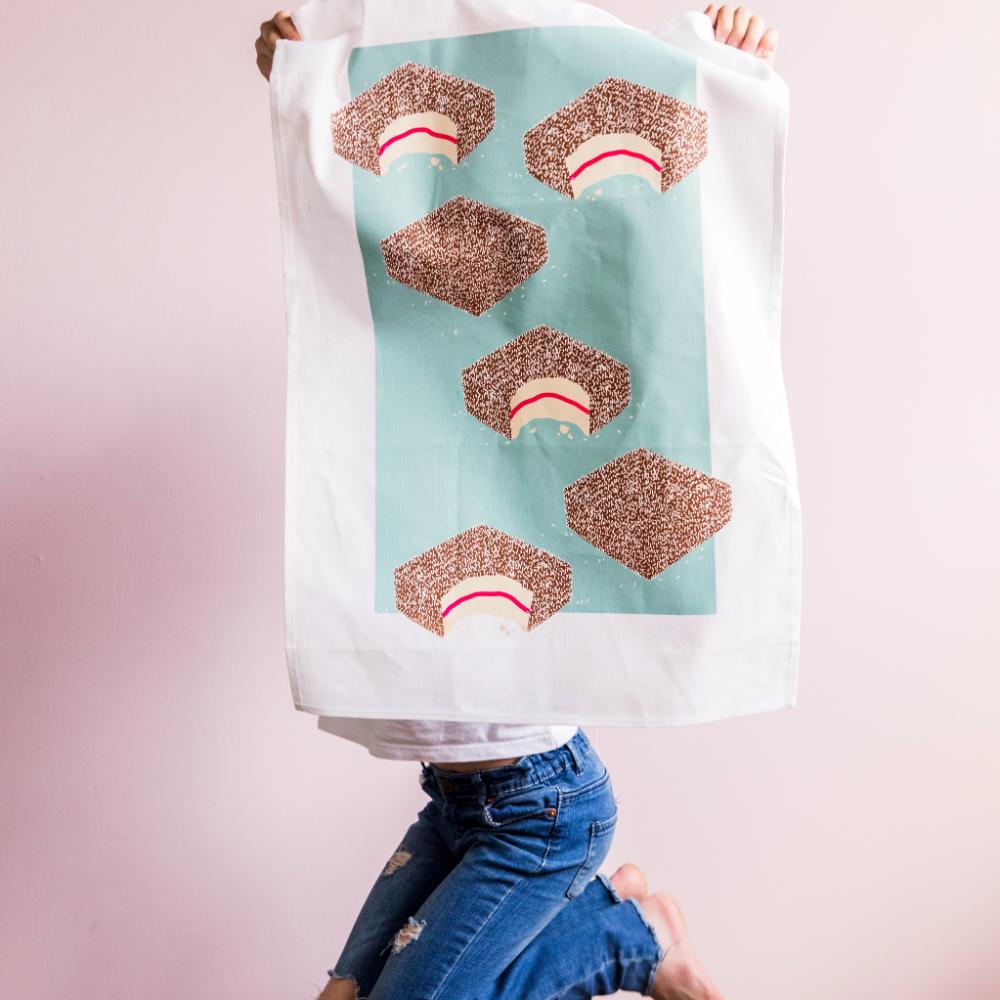 Australian Lamington Tea Towel featuring a bold retro design, 100% cotton kitchen towel celebrating classic Aussie desserts and nostalgic treats.
