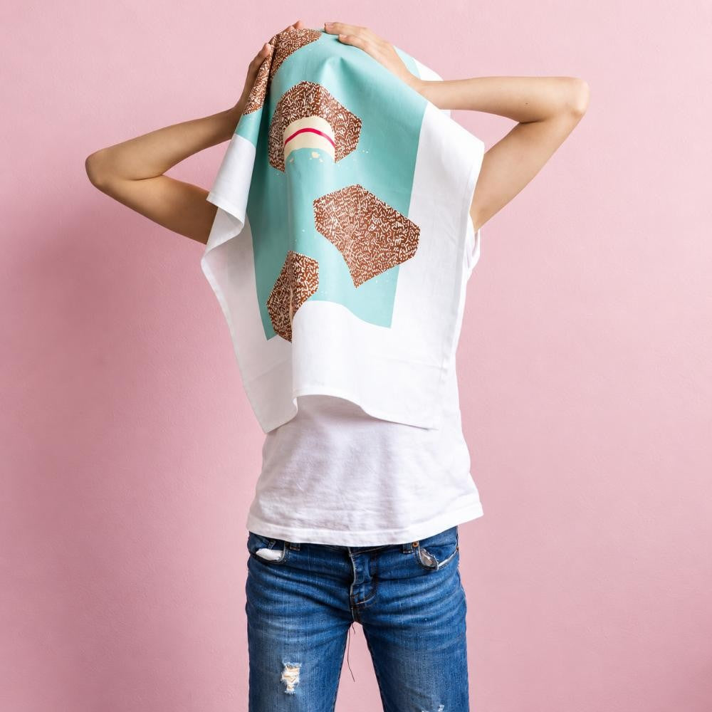 Australian Lamington Tea Towel featuring a bold retro design, 100% cotton kitchen towel celebrating classic Aussie desserts and nostalgic treats.