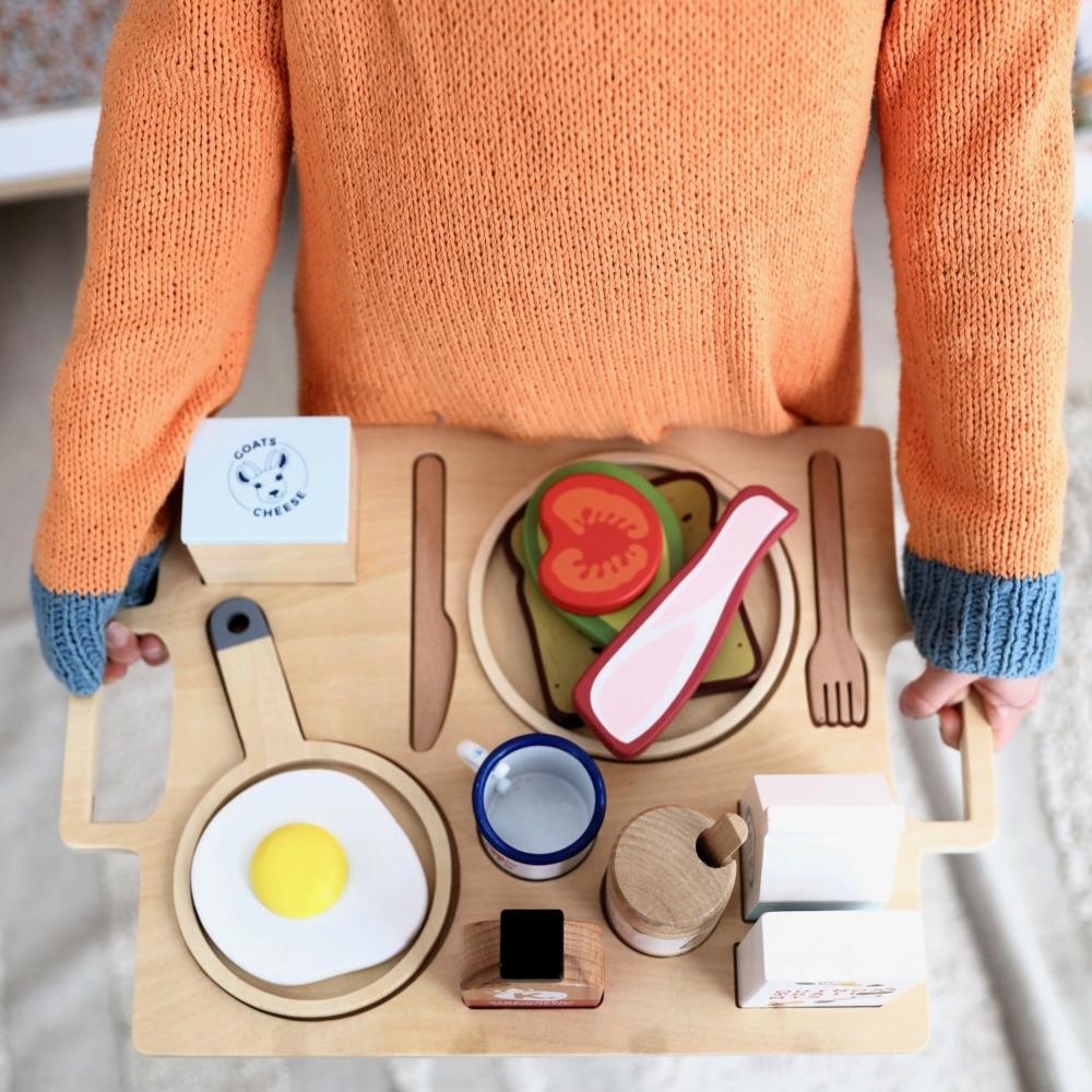 Make Me Iconic wooden Healthy Tummy Brekkie or Breakfast Tray featuring toy avocado toast, kombucha, almond milk, goat's cheese, and tahini spread. A 21-piece wooden breakfast play set inspired by Aussie café culture, perfect for pretend play, creativity, and healthy food learning.