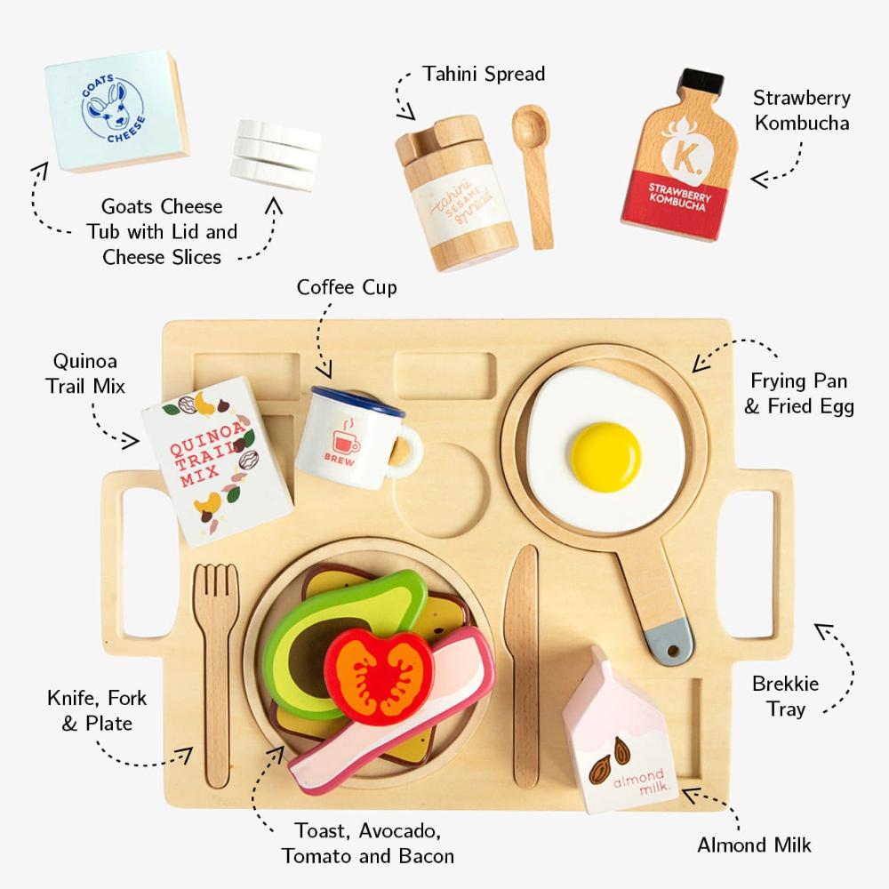 Make Me Iconic wooden Healthy Tummy Brekkie or Breakfast Tray featuring toy avocado toast, kombucha, almond milk, goat's cheese, and tahini spread. A 21-piece wooden breakfast play set inspired by Aussie café culture, perfect for pretend play, creativity, and healthy food learning.