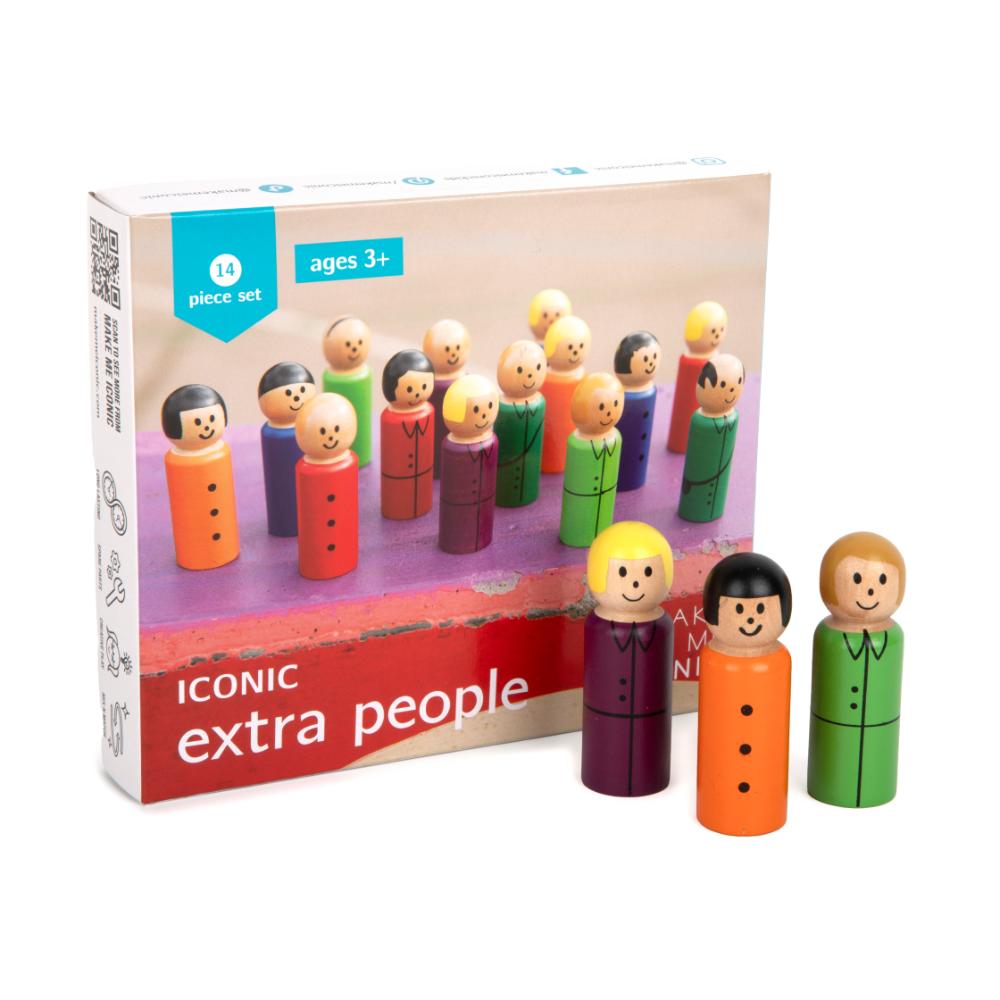 Make Me Iconic mixed box of 14 wooden replacement passengers and tram conductors for the Make Me Iconic Tram, Ute and Ferry, packaged in a branded box. Inspires imaginative medical play, empathy, and storytelling fun.