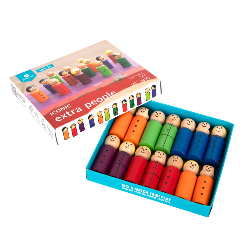 Make Me Iconic mixed box of 14 wooden replacement passengers and tram conductors for the Make Me Iconic Tram, Ute and Ferry, packaged in a branded box. Inspires imaginative medical play, empathy, and storytelling fun.