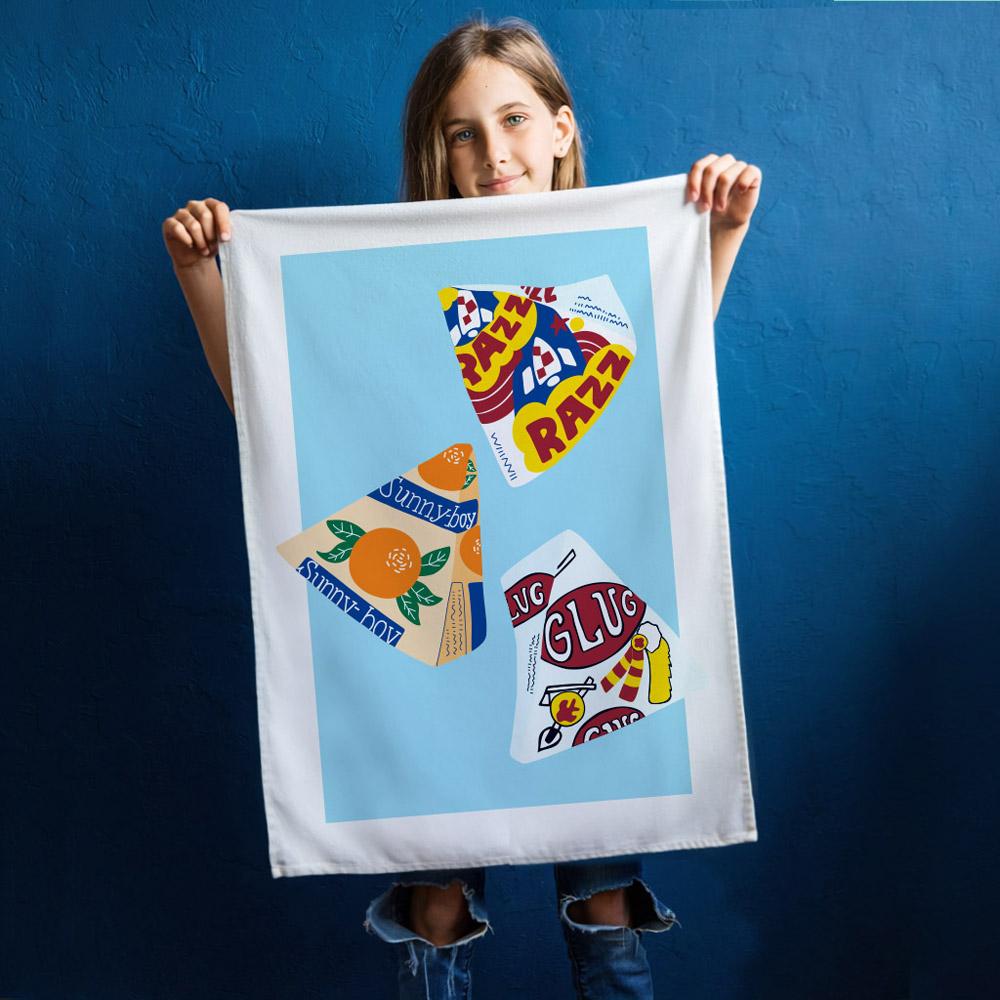 Iconic Sunnyboy Tea Towel featuring Sunnyboy, Glug and Razz ice blocks. A nostalgic Australian tea towel celebrating classic milk bar treats and childhood summer memories.