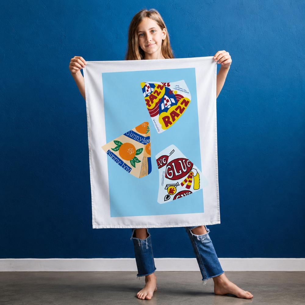 Iconic Sunnyboy Tea Towel featuring Sunnyboy, Glug and Razz ice blocks. A nostalgic Australian tea towel celebrating classic milk bar treats and childhood summer memories.