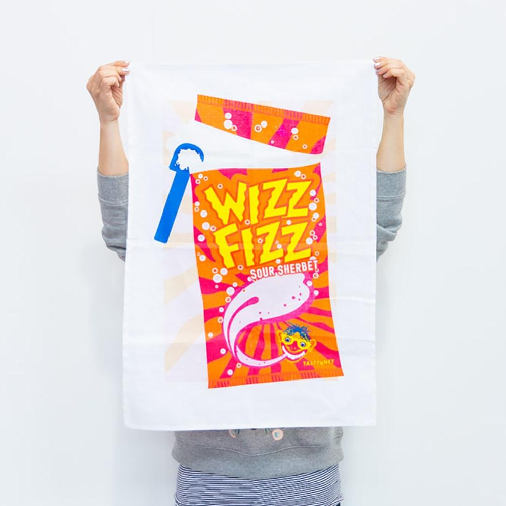Wizz Fizz tea towel made from 100% cotton featuring nostalgic Australian sherbet design, perfect for kitchen décor, gifts, and Aussie souvenirs.