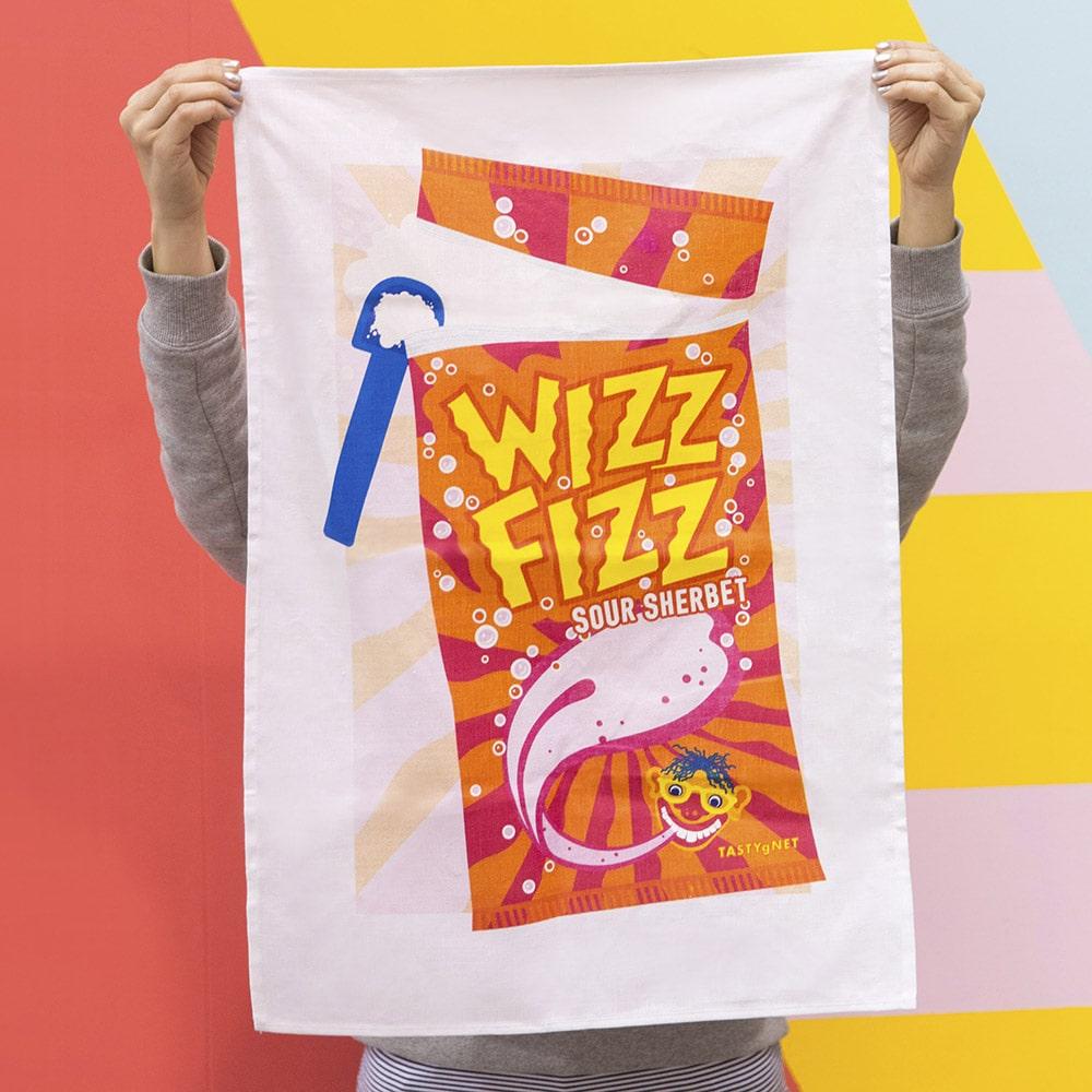 Wizz Fizz tea towel made from 100% cotton featuring nostalgic Australian sherbet design, perfect for kitchen décor, gifts, and Aussie souvenirs.