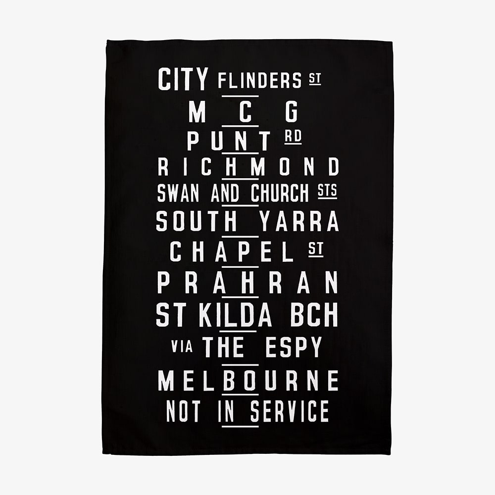 Make Me Iconic Melbourne W-Class Tram Tea Towel featuring vintage destination blind banner, iconic Australian transport design with 120+ years of history.