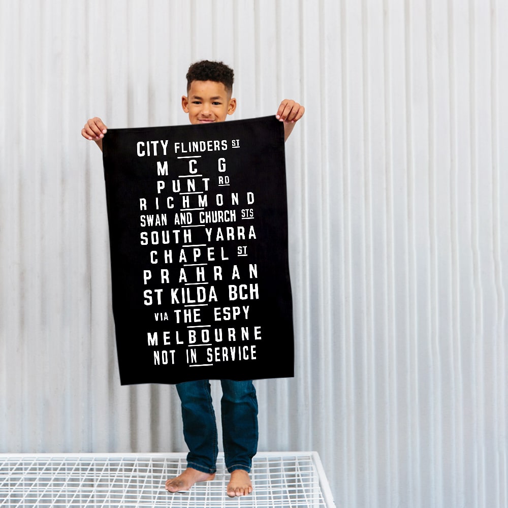 Make Me Iconic Melbourne W-Class Tram Tea Towel featuring vintage destination blind banner, iconic Australian transport design with 120+ years of history.