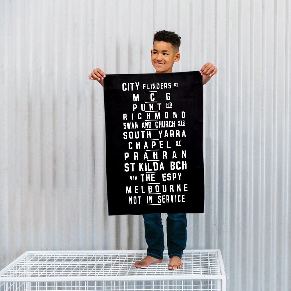 Make Me Iconic Melbourne W-Class Tram Tea Towel featuring vintage destination blind banner, iconic Australian transport design with 120+ years of history.