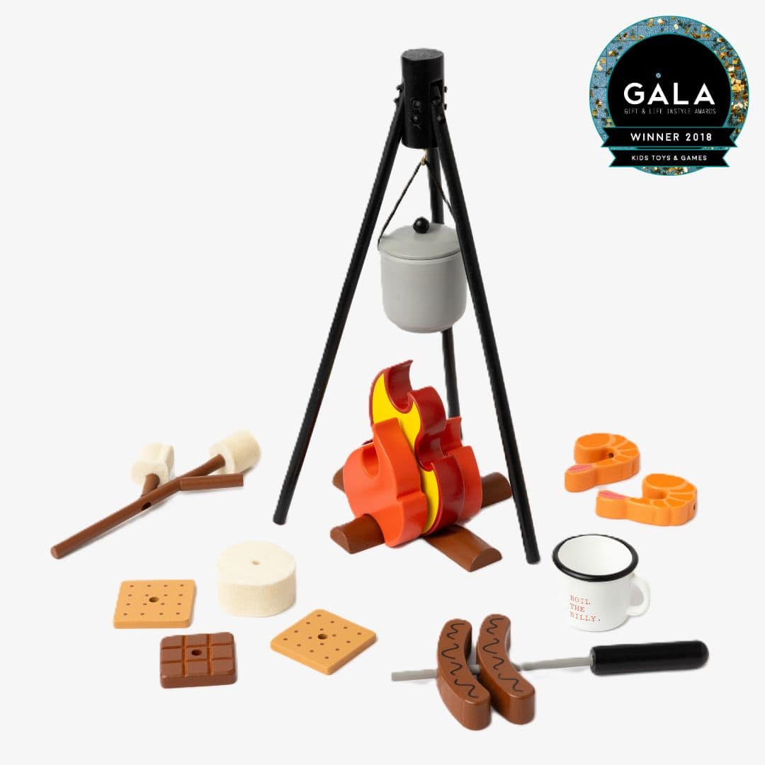 Wooden Camp Fire toy set for kids with tripod, billy can, sausages, prawns, logs, and marshmallows designed for imaginative indoor camping and pretend play