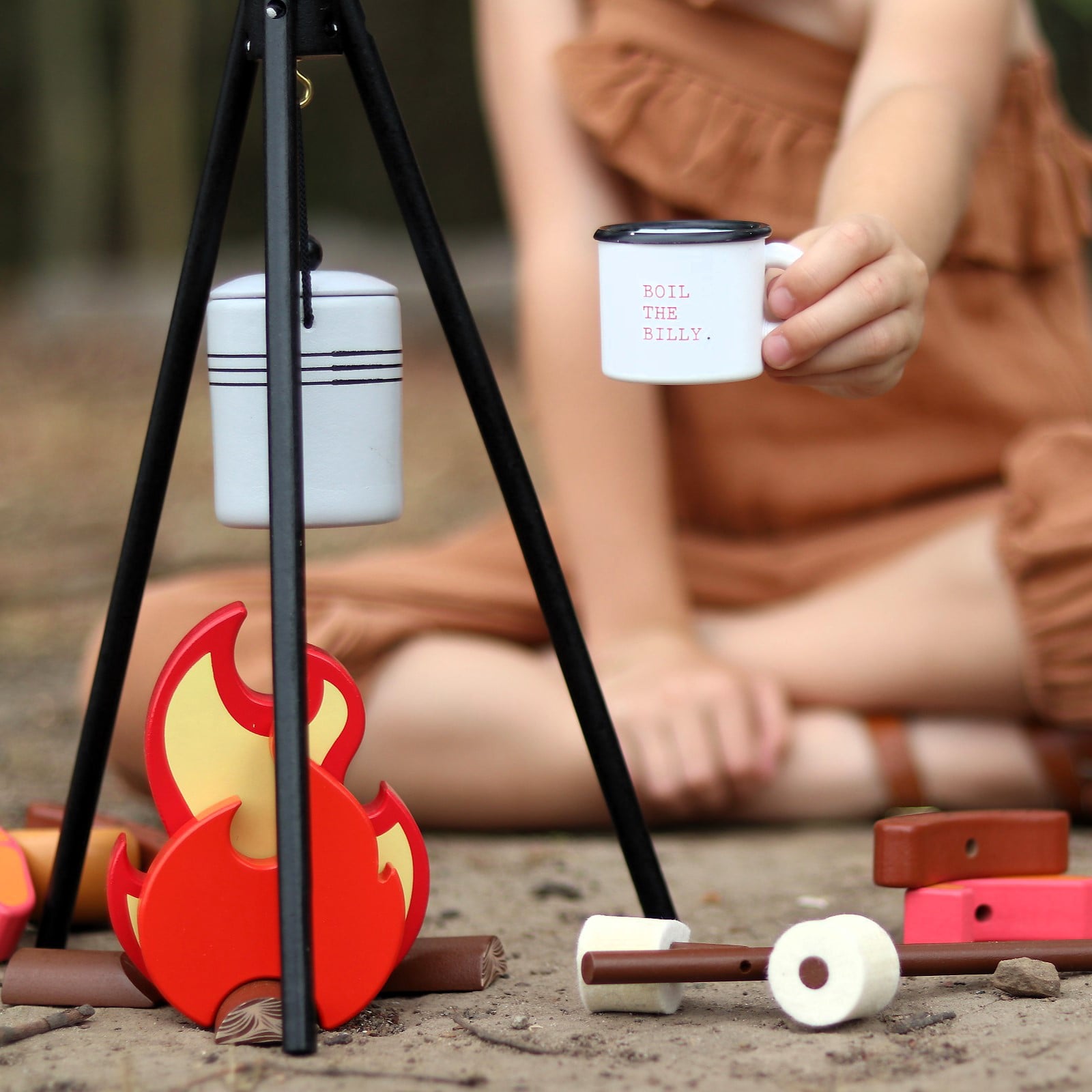 Wooden Camp Fire toy set for kids with tripod, billy can, sausages, prawns, logs, and marshmallows designed for imaginative indoor camping and pretend play