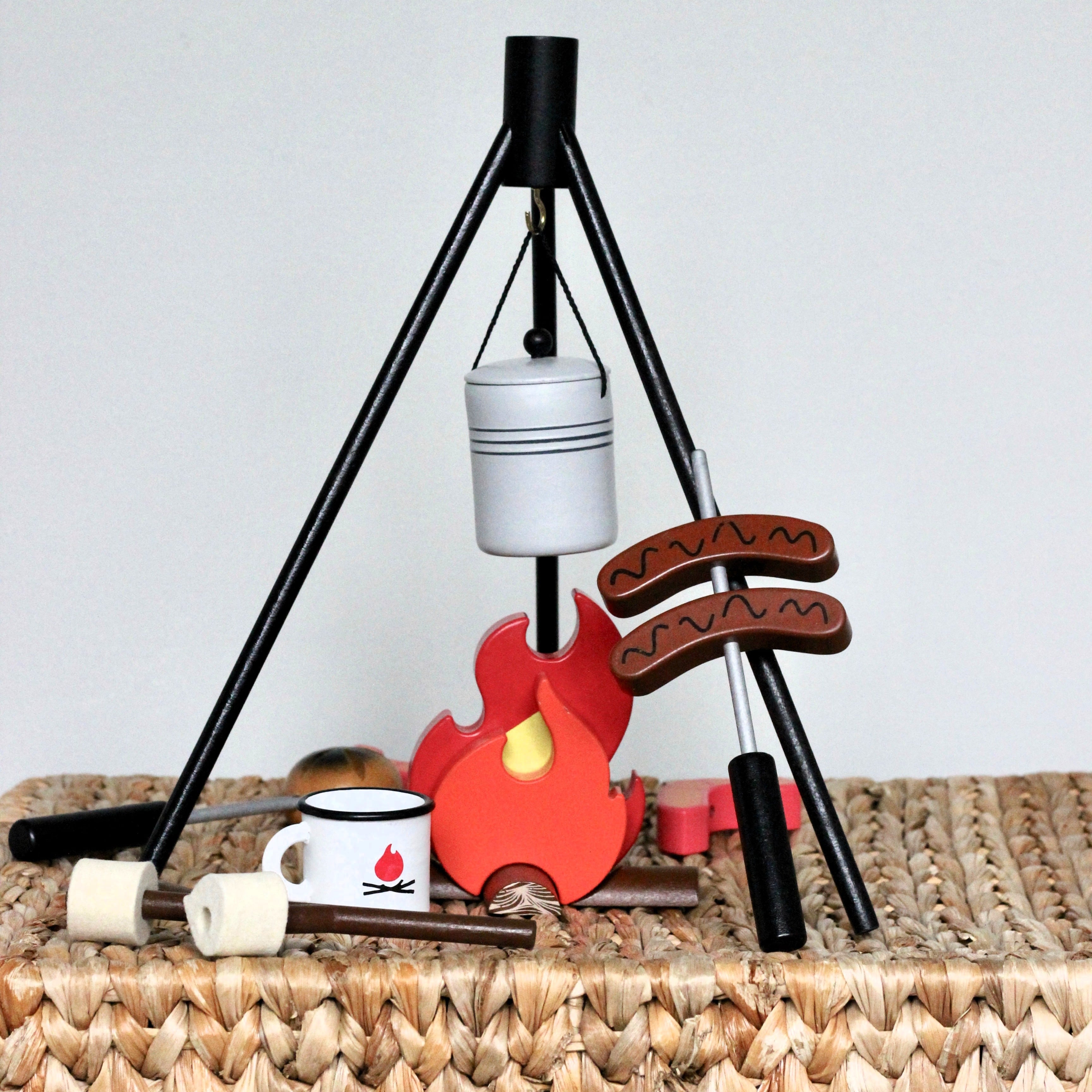 Wooden Camp Fire toy set for kids with tripod, billy can, sausages, prawns, logs, and marshmallows designed for imaginative indoor camping and pretend play