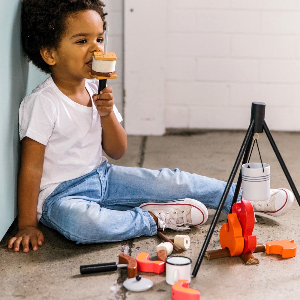 Wooden Camp Fire toy set for kids with tripod, billy can, sausages, prawns, logs, and marshmallows designed for imaginative indoor camping and pretend play